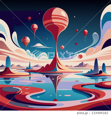 Futuristic landscape with floating spheres and abstract shapes in a surreal environment 133494162