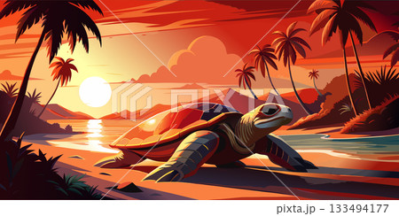 Serene beach sunset featuring a sea turtle and palm trees Serene beach sunset featuring a sea turtle and palm trees 133494177