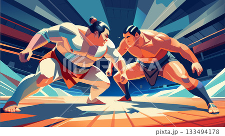 Intense Sumo Wrestlers Clashing in Traditional Japanese Arena 133494178