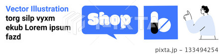 Icons of a speech bubble with the word Shop, a pill symbol and a person pointing. Ideal for online shopping, healthcare, e-commerce, digital communication, and user interaction. Banner for landing 133494254