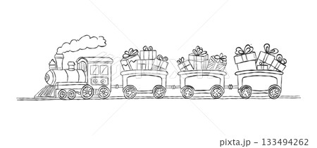 Hand drawn Christmas gift train illustration with vintage sketch style, festive holiday scene of locomotive carrying presents Hand drawn Christmas gift train illustration with vintage sketch style, festive holiday scene of locomotive carrying presents 133494262