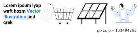 Shopping cart, solar panel, and person presenting with placeholder text. Ideal for e-commerce, renewable energy, technology presentations, sustainability, and business solutions. Banner for landing 133494263
