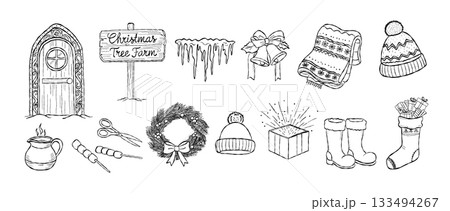 Hand drawn Christmas doodle set with cozy winter elements, vintage festive holiday illustrations, gifts, wreath, warm clothing and seasonal decorations Hand drawn Christmas doodle set with cozy winter elements, vintage festive holiday illustrations, gifts, wreath, warm clothing and seasonal decorations 133494267