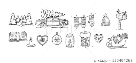 Hand drawn Christmas holiday illustration set with cozy winter elements, festive decorations, vintage seasonal doodles and rustic Scandinavian charm Hand drawn Christmas holiday illustration set with cozy winter elements, festive decorations, vintage seasonal doodles and rustic Scandinavian charm 133494268