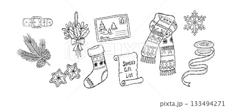Hand drawn cozy Christmas elements with holiday stockings, scarf, holly, snowflake, ribbon and festive winter details illustration 133494271