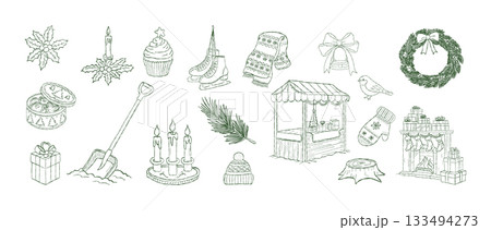 Hand drawn Christmas market illustration set with winter holiday elements, cozy vintage festive decor, candles, cupcakes, wreaths, gifts and snow season details 133494273