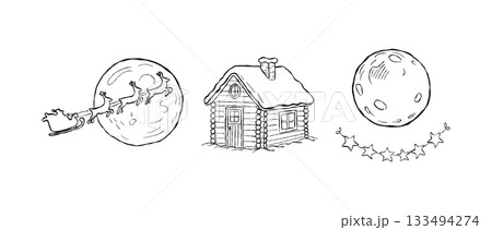 Hand drawn Christmas moon night scene with Santa sleigh flying across the sky, snowy log cabin and festive winter stars in a magical peaceful holiday illustration Hand drawn Christmas moon night scene with Santa sleigh flying across the sky, snowy log cabin and festive winter stars in a magical peaceful holiday illustration 133494274