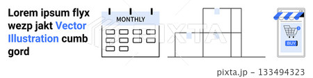 Monthly calendar with dates, bar chart representing data, shopping cart icon with BUY button. Ideal for e-commerce, sales, retail, analytics, business metrics, online stores, marketing presentations 133494323