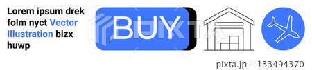 Buy button in blue, warehouse icon, airplane icon. Ideal for e-commerce, logistics, inventory, shopping, transportation, online stores, business Landing page 133494370