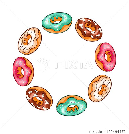 Wreath with glazed donut with various topping, pink, chocolate and mint green frosting with sprinkles in cartoon style. 133494372