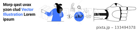 Person with ponytail pointing at analytics icons like graph and email, beside robotic hand indicating ERP concept. Ideal for technology, business solutions, automation, software, innovation Person with ponytail pointing at analytics icons like graph and email, beside robotic hand indicating ERP concept. Ideal for technology, business solutions, automation, software, innovation 133494378