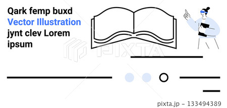 Open book, person with tablet and headphones, horizontal lines, and circles. Ideal for education, reading, technology, e-learning, digital content, learning platforms, modern design. Landing page 133494389