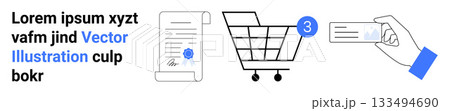 Shopping cart with number 3, document with signature and seal, hand with credit card. Ideal for e-commerce, online transactions, digital payments, paperwork, shopping, checkout processes, financial 133494690