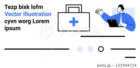 Briefcase with medical cross, professional working on laptop, placeholder text. Ideal for business, healthcare, technology, professionalism, modern design, corporate communication, and online 133494724