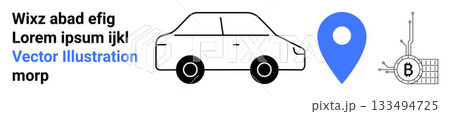 Car, blue location pin, circuit with Bitcoin symbol. Ideal for travel, navigation, automotive, cryptocurrency, digital marketing, technology, informational content Landing page 133494725