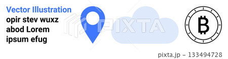 Blue location pin, light grey cloud, and Bitcoin symbol in a circle. Ideal for technology, cryptocurrency, weather, navigation, travel, cloud computing, digital services. Landing page 133494728