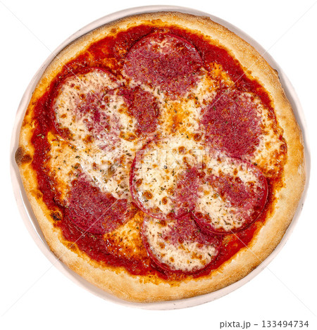 Pizza with Salami, mozzarella and tomato sauce. Pizza on a wooden table Pizza with Salami, mozzarella and tomato sauce. Pizza on a wooden table 133494734