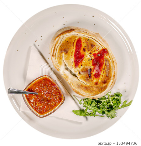 Delicious Pizza Calzone, Italian Pizza Tomatoes Fresh Basil Wooden Background Delicious Pizza Calzone, Italian Pizza Tomatoes Fresh Basil Wooden Background 133494736