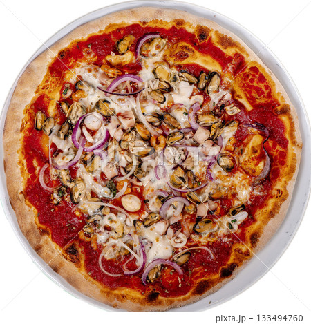 Pizza frutti di mare seafood, mozzarella mussels octopus squid, salmon, shrimp Pizza frutti di mare seafood, mozzarella mussels octopus squid, salmon, shrimp 133494760