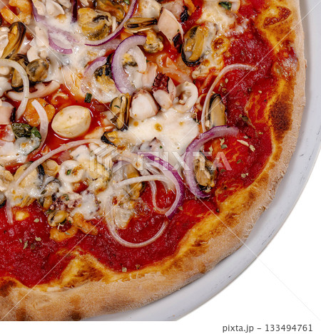 Pizza frutti di mare seafood, mozzarella mussels octopus squid, salmon, shrimp Pizza frutti di mare seafood, mozzarella mussels octopus squid, salmon, shrimp 133494761