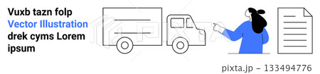 Woman in blue shirt pointing at a delivery truck. Document with text on the right. Ideal for logistics, transportation, delivery services, supply chain management, business presentations, educational 133494776