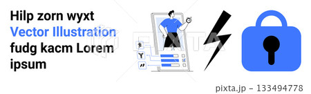 Man interacting with mobile app, settings icon, large blue padlock, and lightning bolt. Ideal for cybersecurity, data privacy, app development, technology, online security, software, IT security Man interacting with mobile app, settings icon, large blue padlock, and lightning bolt. Ideal for cybersecurity, data privacy, app development, technology, online security, software, IT security 133494778