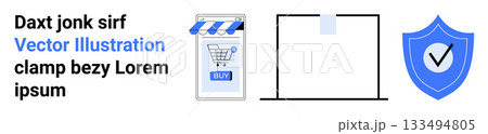 Shopping cart storefront, document, and shield with checkmark. Ideal for e-commerce websites, online security, document management, quality assurance, web design, marketing materials, promotional Shopping cart storefront, document, and shield with checkmark. Ideal for e-commerce websites, online security, document management, quality assurance, web design, marketing materials, promotional 133494805
