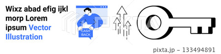 Person holding Cash Back label within browser window, upward arrows, black key symbol, placeholder text Ideal for finance websites, security themes, promotions, blog posts, online ads, educational 133494891