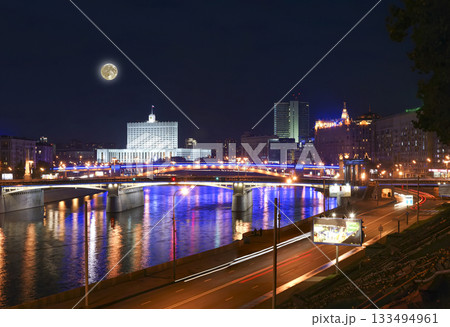 Moscow, Russia. Panoramic view from the embankment of the Moskva River (at night with the super moon) 133494961