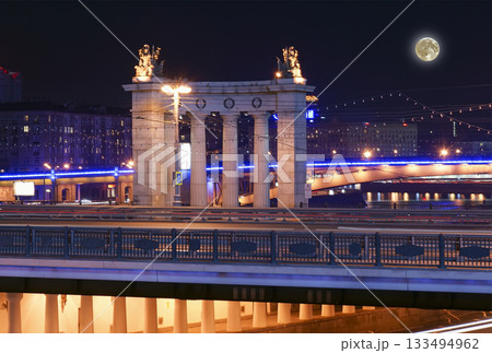 Moscow, Russia. View from the embankment of the Moskva River.  Borodinsky bridge , at night with the super moon 133494962