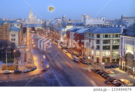 Night view with the super moon of the Moscow from a high point (an observation deck on the building of the Central Children's Store), Russia 133494974