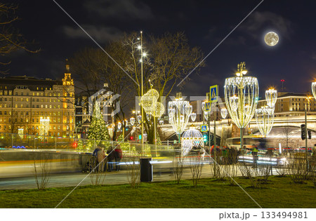 Christmas (New Year holidays) decoration on Zaryadye Park (at night with the super moon)-- urban park located near Red Square in Moscow, Russia. 133494981