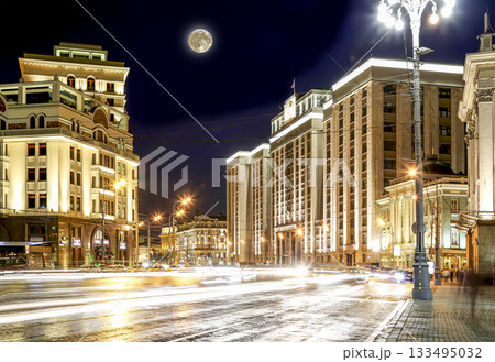 Building of The State Duma of the Federal Assembly of Russian Federation (at night with the super moon). Moscow, Russia. 133495032