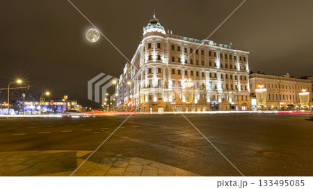 New Year (Christmas) lighting decoration of the city (at night with the super moon), Tverskaya Street, Moscow. Russia 133495085