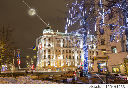 New Year (Christmas) lighting decoration of the city (at night with the super moon), Tverskaya Street, Moscow. Russia 133495088