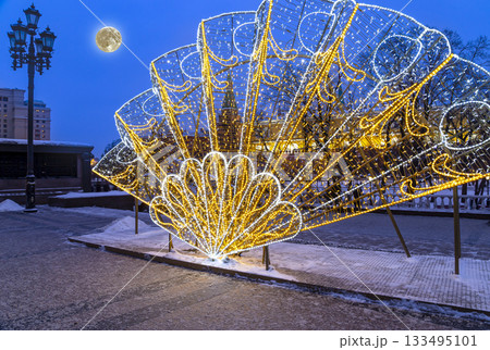 Christmas (New Year holidays) decoration in Moscow (at night with the super moon), Russia-- Manege Square near the Kremlin 133495101