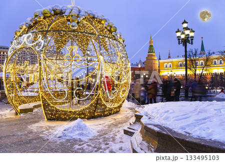 Christmas (New Year holidays) decoration in Moscow (at night with the super moon), Russia-- Manege Square near the Kremlin Christmas (New Year holidays) decoration in Moscow (at night with the super moon), Russia-- Manege Square near the Kremlin 133495103