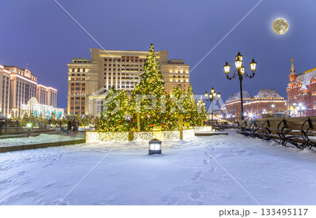 Christmas (New Year holidays) decoration in Moscow (at night with the super moon), Russia-- Manege Square near the Kremlin 133495117
