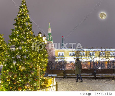 Christmas (New Year holidays) decoration in Moscow (at night with the super moon), Russia-- Manege Square near the Kremlin 133495118