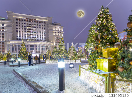 Christmas (New Year holidays) decoration in Moscow (at night with the super moon), Russia-- Manege Square near the Kremlin 133495120