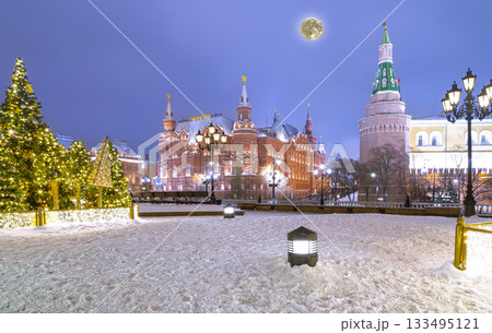 Christmas (New Year holidays) decoration in Moscow (at night with the super moon), Russia-- Manege Square near the Kremlin 133495121
