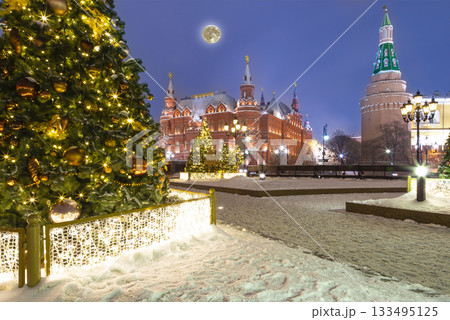 Christmas (New Year holidays) decoration in Moscow (at night with the super moon), Russia-- Manege Square near the Kremlin 133495125