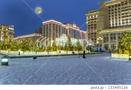Christmas (New Year holidays) decoration in Moscow (at night with the super moon), Russia-- Manege Square near the Kremlin 133495126
