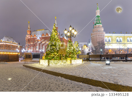 Christmas (New Year holidays) decoration in Moscow (at night with the super moon), Russia-- Manege Square near the Kremlin Christmas (New Year holidays) decoration in Moscow (at night with the super moon), Russia-- Manege Square near the Kremlin 133495128