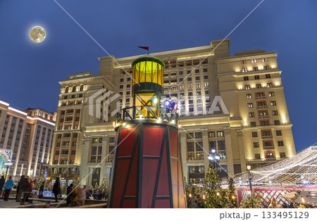 Christmas (New Year holidays) decoration in Moscow (at night with the super moon), Russia-- Manege Square near the Kremlin Christmas (New Year holidays) decoration in Moscow (at night with the super moon), Russia-- Manege Square near the Kremlin 133495129