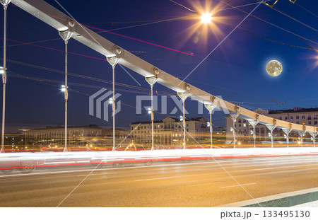 Krymsky Bridge or Crimean Bridge (night, with the super moon) is a steel suspension bridge in Moscow, Russia. The bridge spans the Moskva River 1,800 metres south-west from the Kremlin 133495130