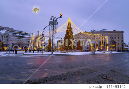 Christmas (New Year holidays) decoration in Moscow (at night with the super moon), Russia. Lubyanskaya (Lubyanka) Square. Central Children's Store--inscription in Russian Christmas (New Year holidays) decoration in Moscow (at night with the super moon), Russia. Lubyanskaya (Lubyanka) Square. Central Children's Store--inscription in Russian 133495142