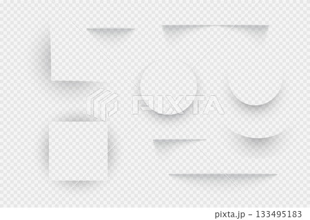 Shadows of round, square, oval, line objects. Gray different shades on floor or wall surface. Various templates with shadow effect. Vector set isolated on transparent 133495183