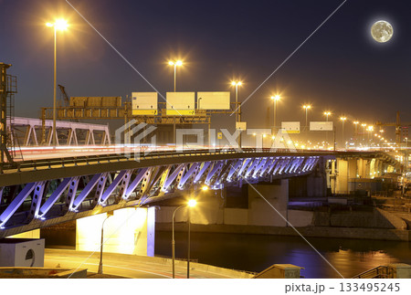 Moscow City bridge at night (with the super moon), Russia 133495245