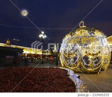 Christmas (New Year holidays) decoration in Moscow (at night with the super moon), Russia-- Manege Square near the Kremlin 133495255